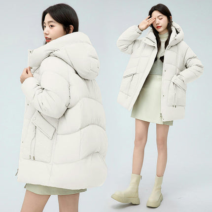 Womens Hooded Puffer Jacket Mid-Length Padded Winter Coat Outerwear