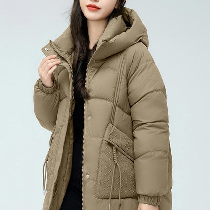 Womens Hooded Puffer Jacket Mid-Length Padded Winter Coat Outerwear