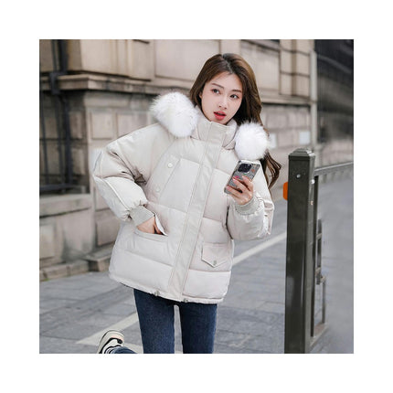 Women's Winter Coat Padded Puffer Short Jacket with Faux Fur Hood