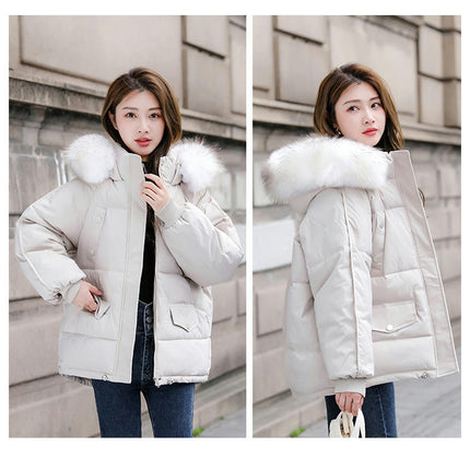 Women's Winter Coat Padded Puffer Short Jacket with Faux Fur Hood