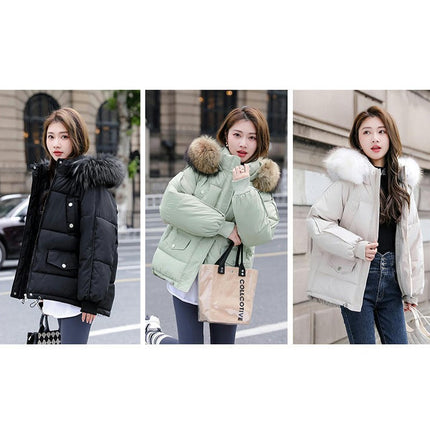 Women's Winter Coat Padded Puffer Short Jacket with Faux Fur Hood