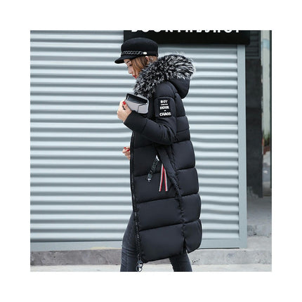 Women Long Quilted Coat with Faux Fur Hood Winter Padded Puffer Jacket Outwear