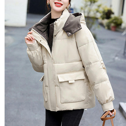 Women's Cropped Puffer Thickened Coat Winter Long Sleeve Quilted Jacket with Hood