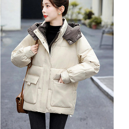 Women's Cropped Puffer Thickened Coat Winter Long Sleeve Quilted Jacket with Hood