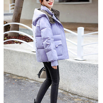 Women's Cropped Puffer Thickened Coat Winter Long Sleeve Quilted Jacket with Hood