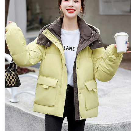 Women's Cropped Puffer Thickened Coat Winter Long Sleeve Quilted Jacket with Hood