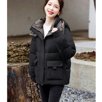 Women's Cropped Puffer Thickened Coat Winter Long Sleeve Quilted Jacket with Hood