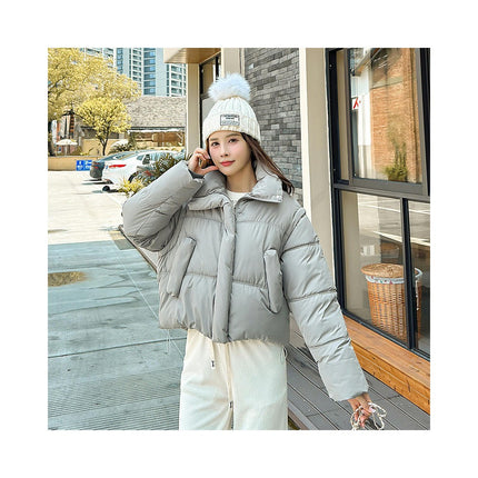 Women's Cropped Quilted Winter Padded Puffy Jacket Stand Collar Zip Up Coat