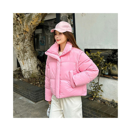 Women's Cropped Quilted Winter Padded Puffy Jacket Stand Collar Zip Up Coat