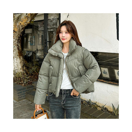 Women's Cropped Quilted Winter Padded Puffy Jacket Stand Collar Zip Up Coat