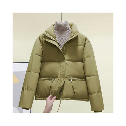 Womens Cropped Puffer Jackets Long Sleeve Stand Collar Coats Quilted Zipper Outerwear