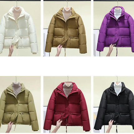 Womens Cropped Puffer Jackets Long Sleeve Stand Collar Coats Quilted Zipper Outerwear