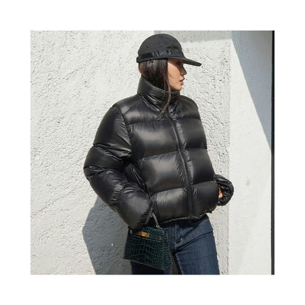 Womens Cropped Long Sleeve Puffer Jacket Stand Collar Winter Padded Down Coat