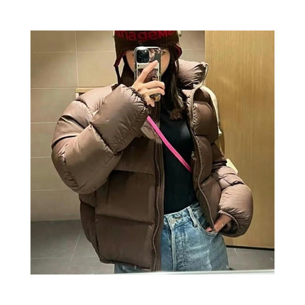 Womens Cropped Long Sleeve Puffer Jacket Stand Collar Winter Padded Down Coat