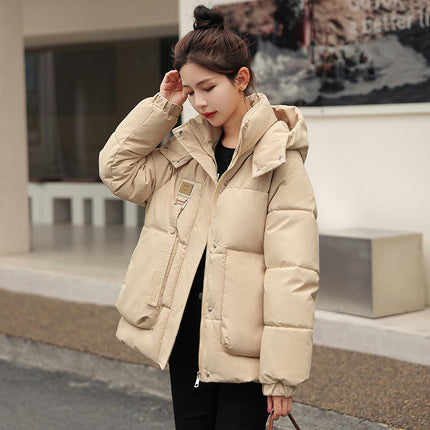 Women's Cropped Puffer Thickened Coat Winter Long Sleeve Hooded Jacket