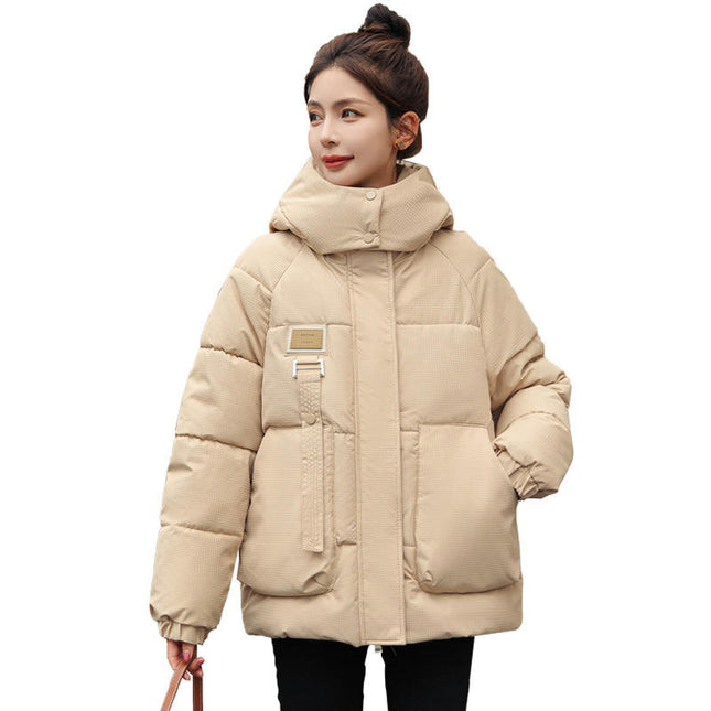 Women's Cropped Puffer Thickened Coat Winter Long Sleeve Hooded Jacket