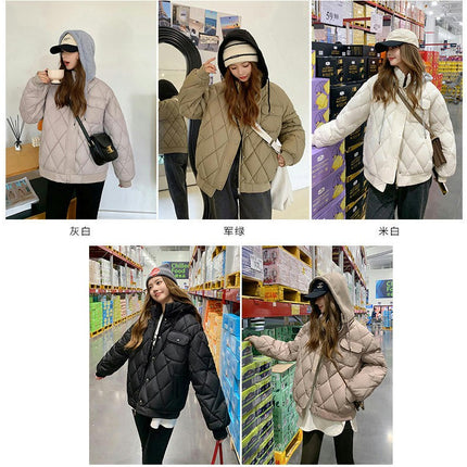 Women's Winter Cropped Puffer Coat Long Sleeve Quilted Hooded Baggy Jacket