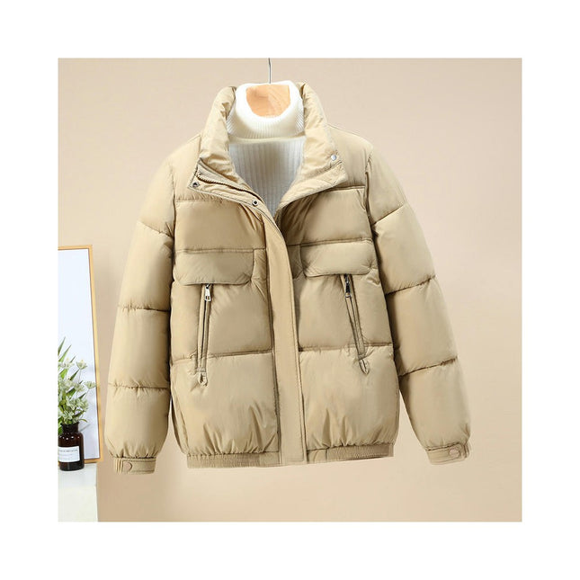 Women Cropped Puffer Jacket Winter Zip Up Stand Collar Padded Down Coat