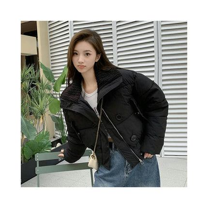 Women's Cropped Puffer Jacket Outerwear Zip Up Long Sleeve Padded Down Coat