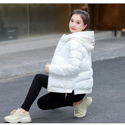 Women's Quilted Puffer Jacket Long Sleeve Cropped Winter Padded Coat with Hood