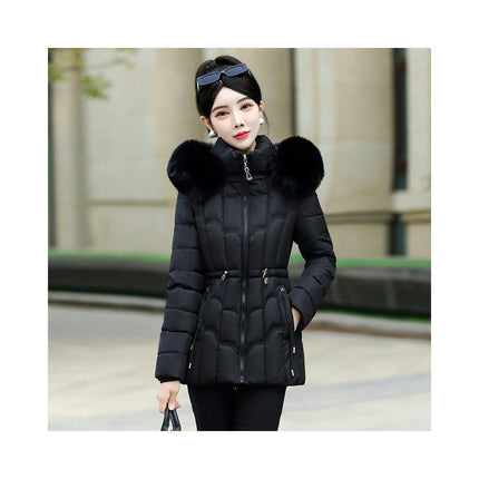 Puffer Jacket for Women Padded Quilted Coat with Faux Fur Hood