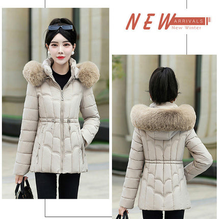 Puffer Jacket for Women Padded Quilted Coat with Faux Fur Hood