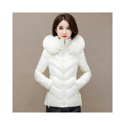 Women's Winter Quilted Puffer Jacket Short Coat with Faux Fur Hood