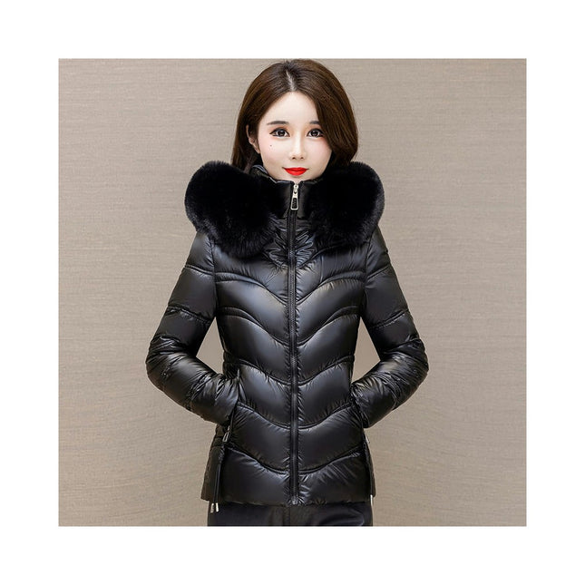 Women's Winter Quilted Puffer Jacket Short Coat with Faux Fur Hood