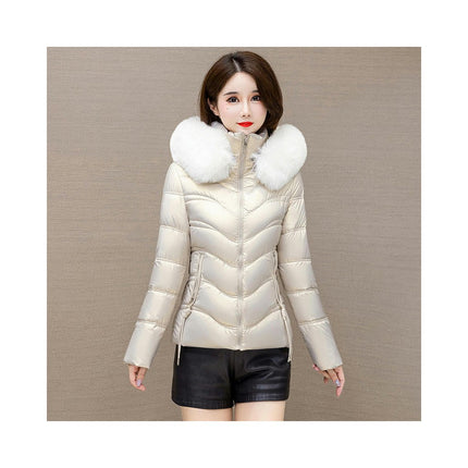 Women's Winter Quilted Puffer Jacket Short Coat with Faux Fur Hood