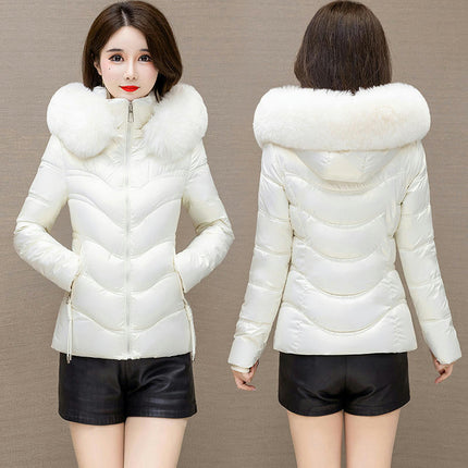 Women's Winter Quilted Puffer Jacket Short Coat with Faux Fur Hood