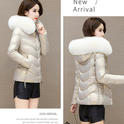 Women's Winter Quilted Puffer Jacket Short Coat with Faux Fur Hood