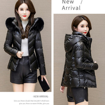 Women's Winter Quilted Puffer Jacket Short Coat with Faux Fur Hood