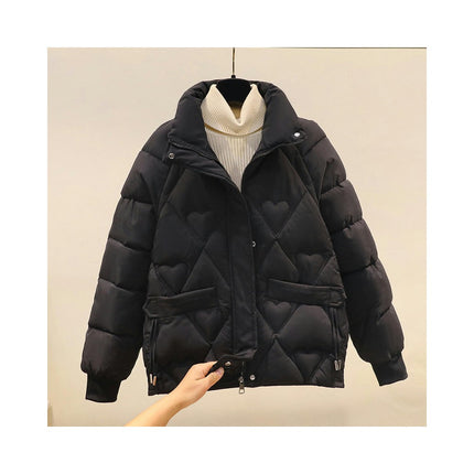 Women's Long Sleeve Cropped Puffer Jacket Winter Stand Collar Zip Up Quilted Outwear