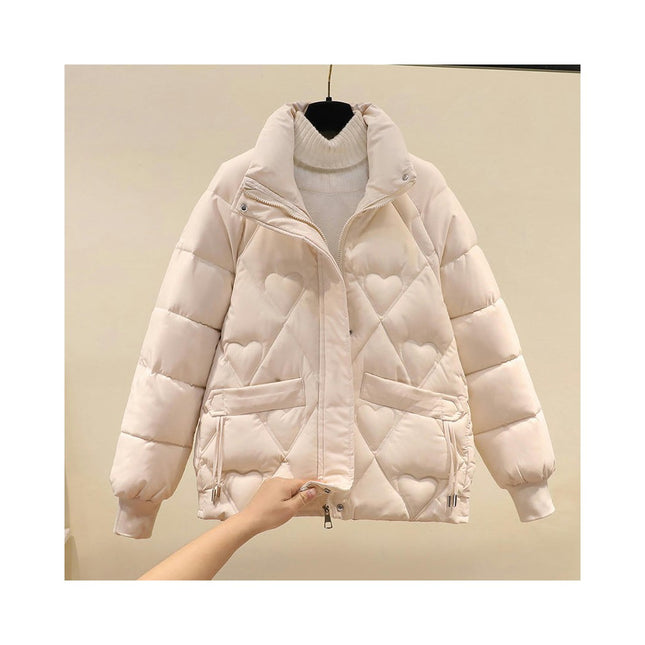 Women's Long Sleeve Cropped Puffer Jacket Winter Stand Collar Zip Up Quilted Outwear