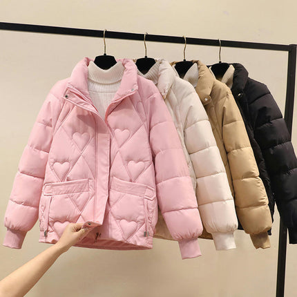 Women's Long Sleeve Cropped Puffer Jacket Winter Stand Collar Zip Up Quilted Outwear