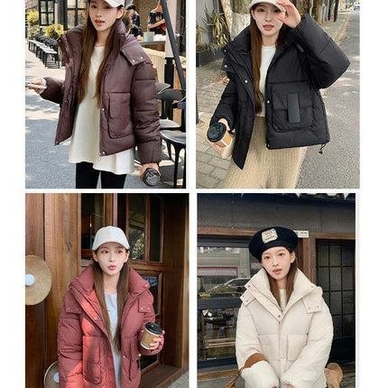 Women's Hooded Padded Puffer Jacket Long Sleeve Winter Short Zip Up Quilted Cropped Coat