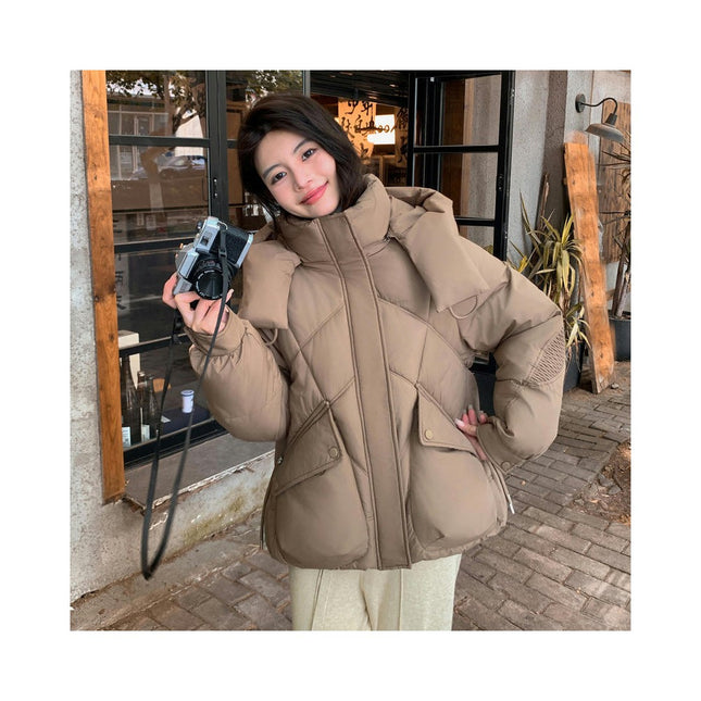 Women's Winter Cropped Hooded Puffer Jacket Long Sleeve Zip Up Coat