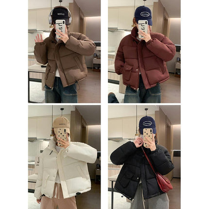 Women Cropped Puffer Jacket Winter Long Sleeve Quilted Padded Short Outerwear