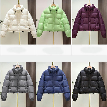 Womens Cropped Puffer Jacket Long Sleeve Stand Collar Zip Up Coat