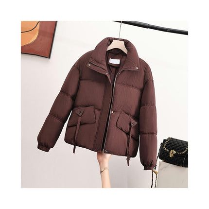 Women's Cropped Long Sleeve Zip Up Puffer Jacket Stand Collar Coats