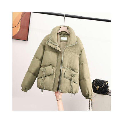 Women's Cropped Long Sleeve Zip Up Puffer Jacket Stand Collar Coats