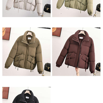 Women's Cropped Long Sleeve Zip Up Puffer Jacket Stand Collar Coats