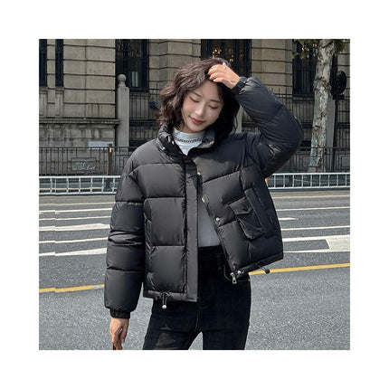 Women's Cropped Puffer Jacket Long Sleeve Stand Collar Quilted Padded Outwear