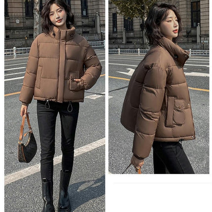 Women's Cropped Puffer Jacket Long Sleeve Stand Collar Quilted Padded Outwear