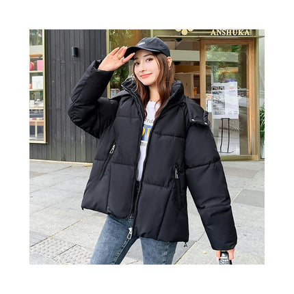 Cropped Puffer Jacket for Women Padded Long Sleeve Coat with Hood