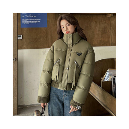 Womens Cropped Puffer Jacket Long Sleeve Stand Collar Winter Coat