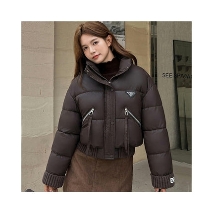 Womens Cropped Puffer Jacket Long Sleeve Stand Collar Winter Coat