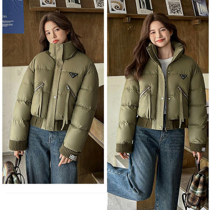 Womens Cropped Puffer Jacket Long Sleeve Stand Collar Winter Coat