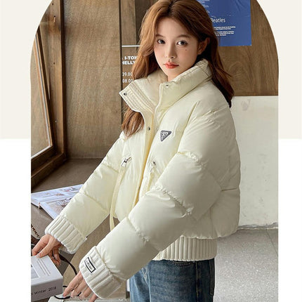 Womens Cropped Puffer Jacket Long Sleeve Stand Collar Winter Coat