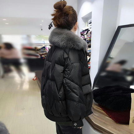 Women Short Puffer Jackets Winter Zip Up Outerwear with Faux Fur Trim Collar